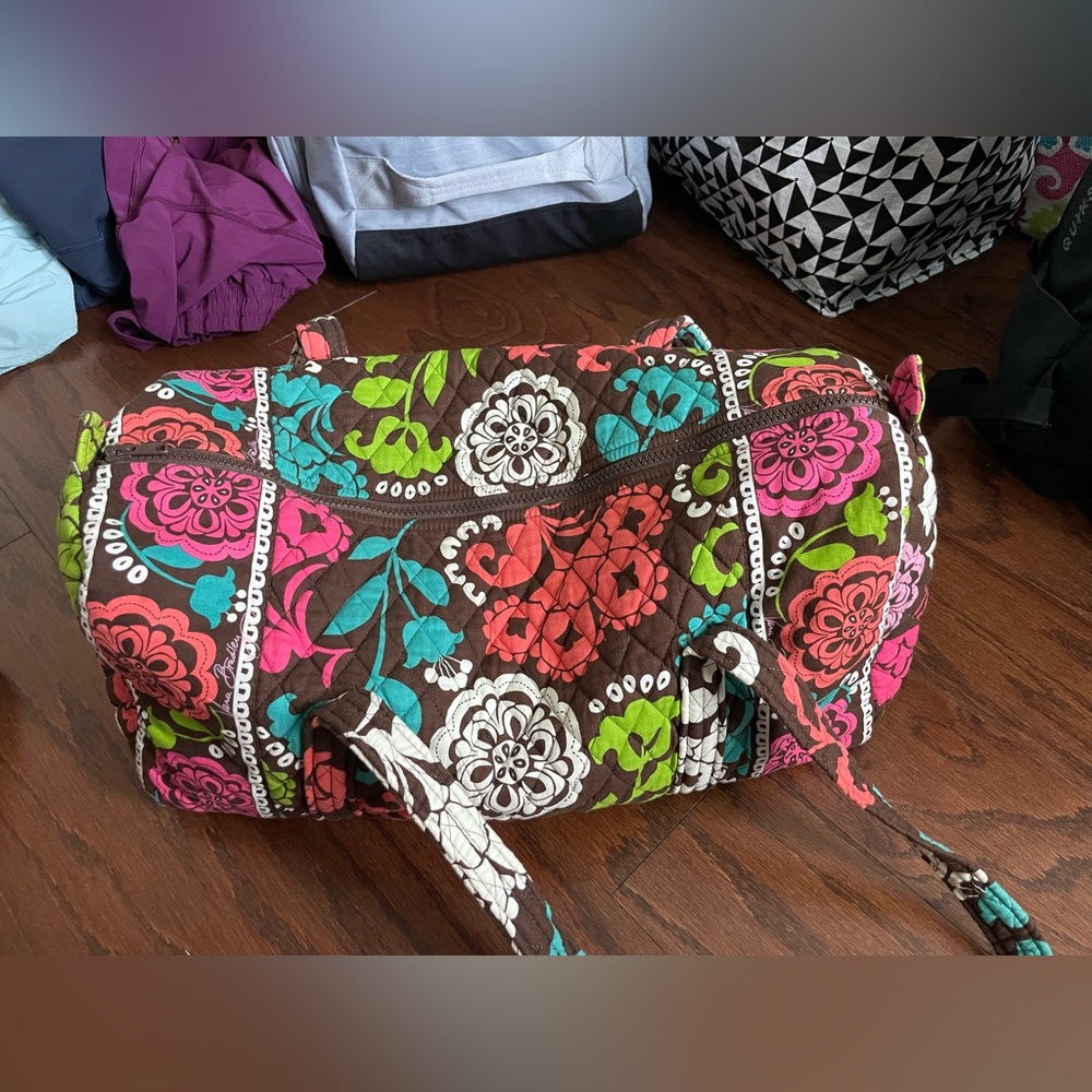 medium vera bradley duffel pink white green and blue pattern mainly brown